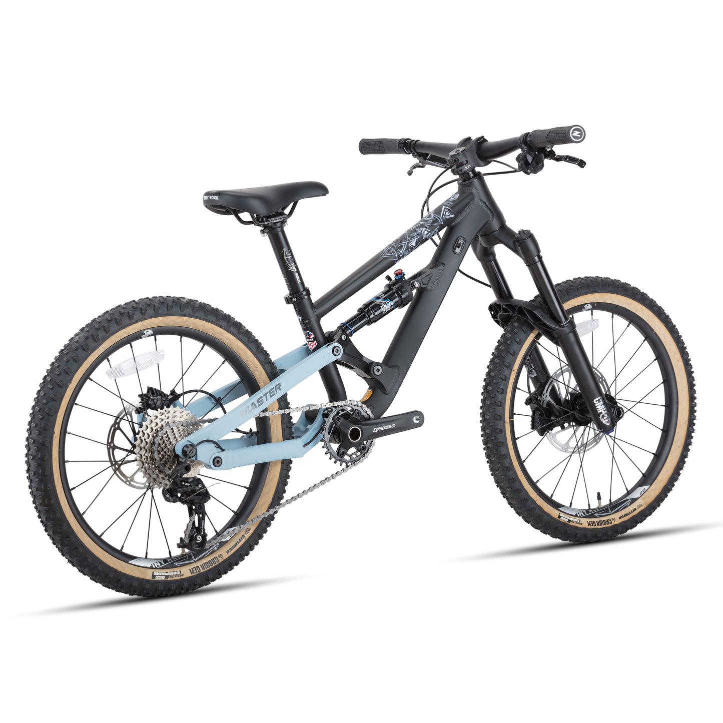 20" Master Enduro Bike with aluminum frame, designed for challenging mountain trails and kids' adventures.