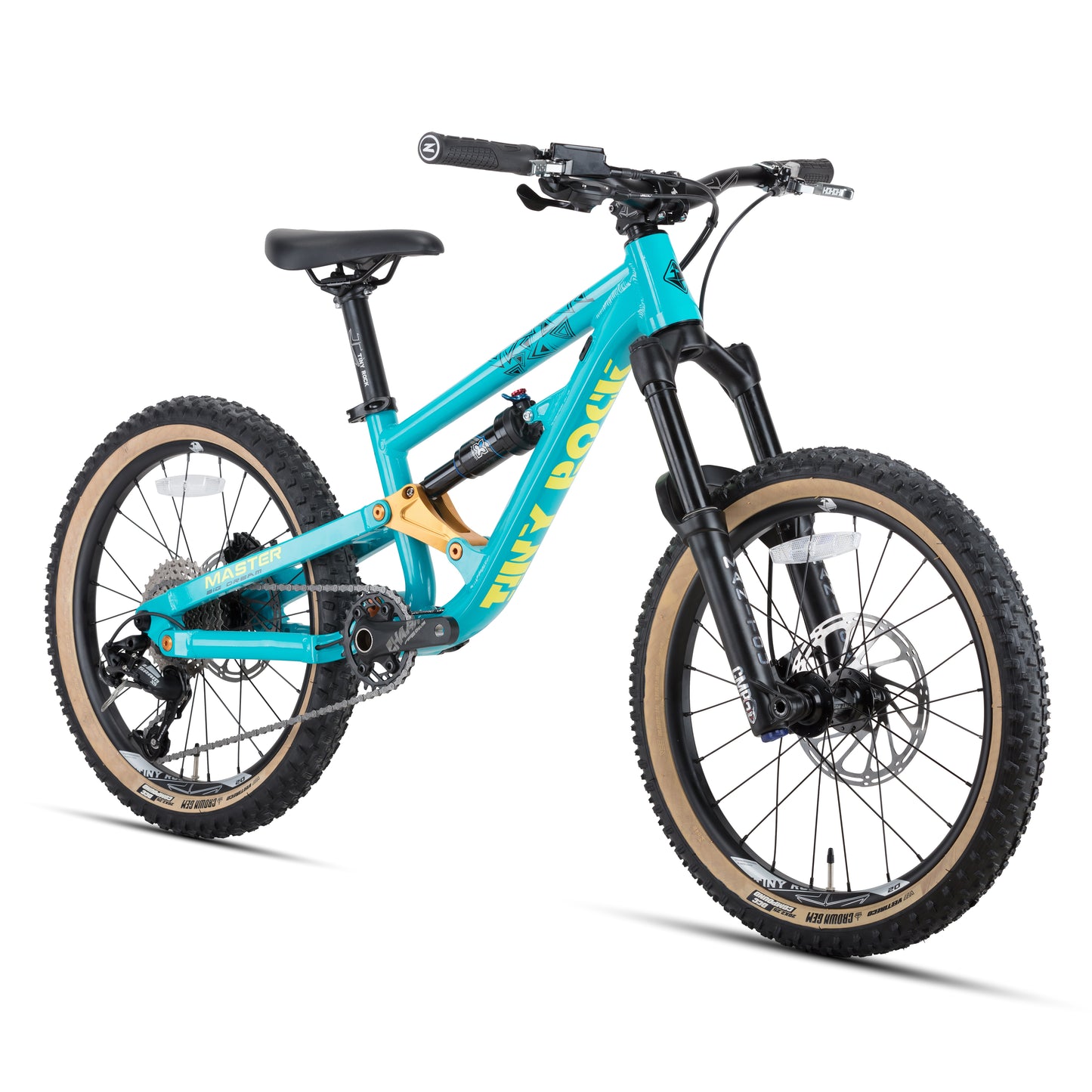 20-inch aluminum frame Enduro bike with turquoise color and knobby tires for off-road trails.