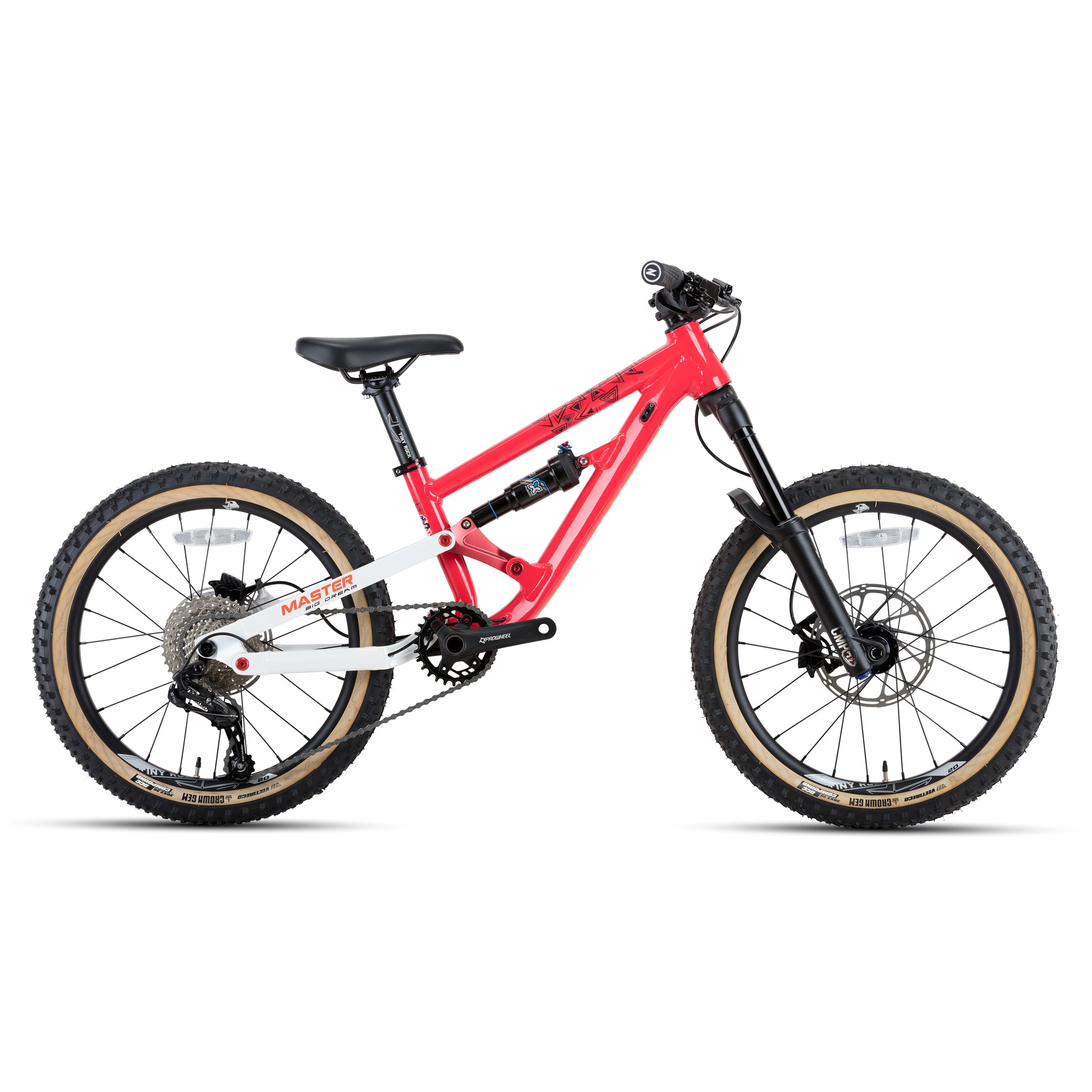 20" Master Enduro Bike with aluminum frame, designed for tough mountain biking trails, featuring thick tires and high-performance components.