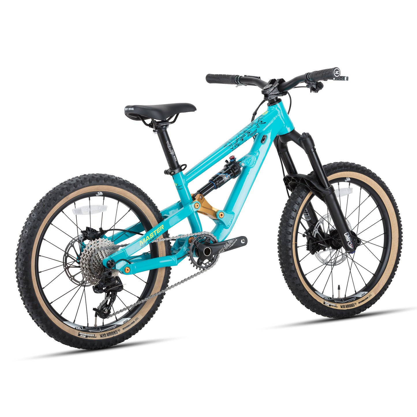 20" Master Enduro Bike with aluminum frame, designed for challenging mountain trails, vibrant turquoise color.