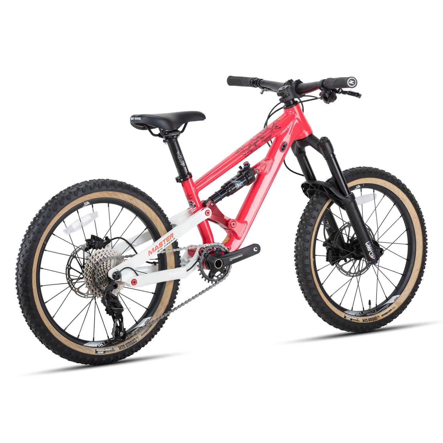 20" Master Enduro bike with aluminum frame, designed for challenging terrains and stylish in red and white colors.