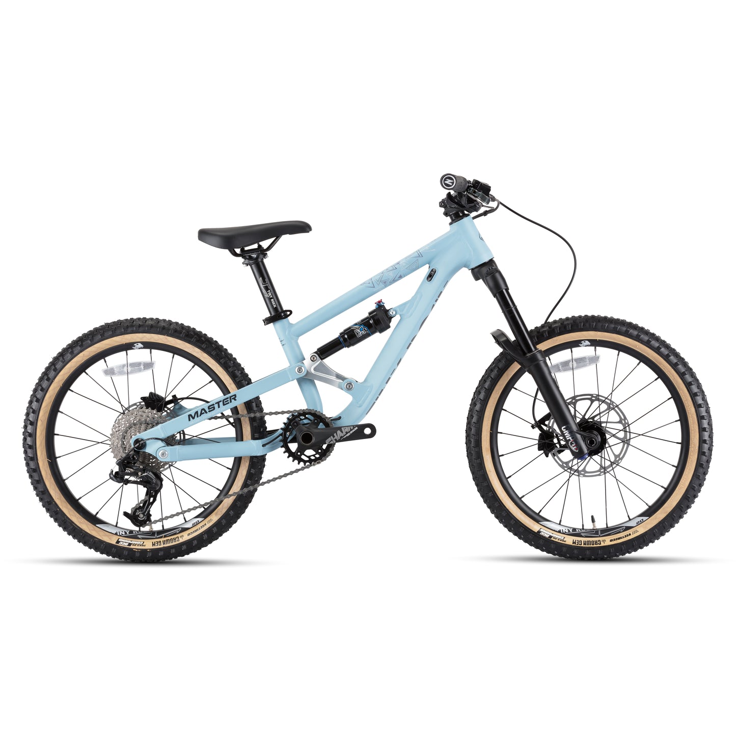 20" Master Enduro Bike in blue with aluminum frame, designed for rugged mountain trails and optimal performance.