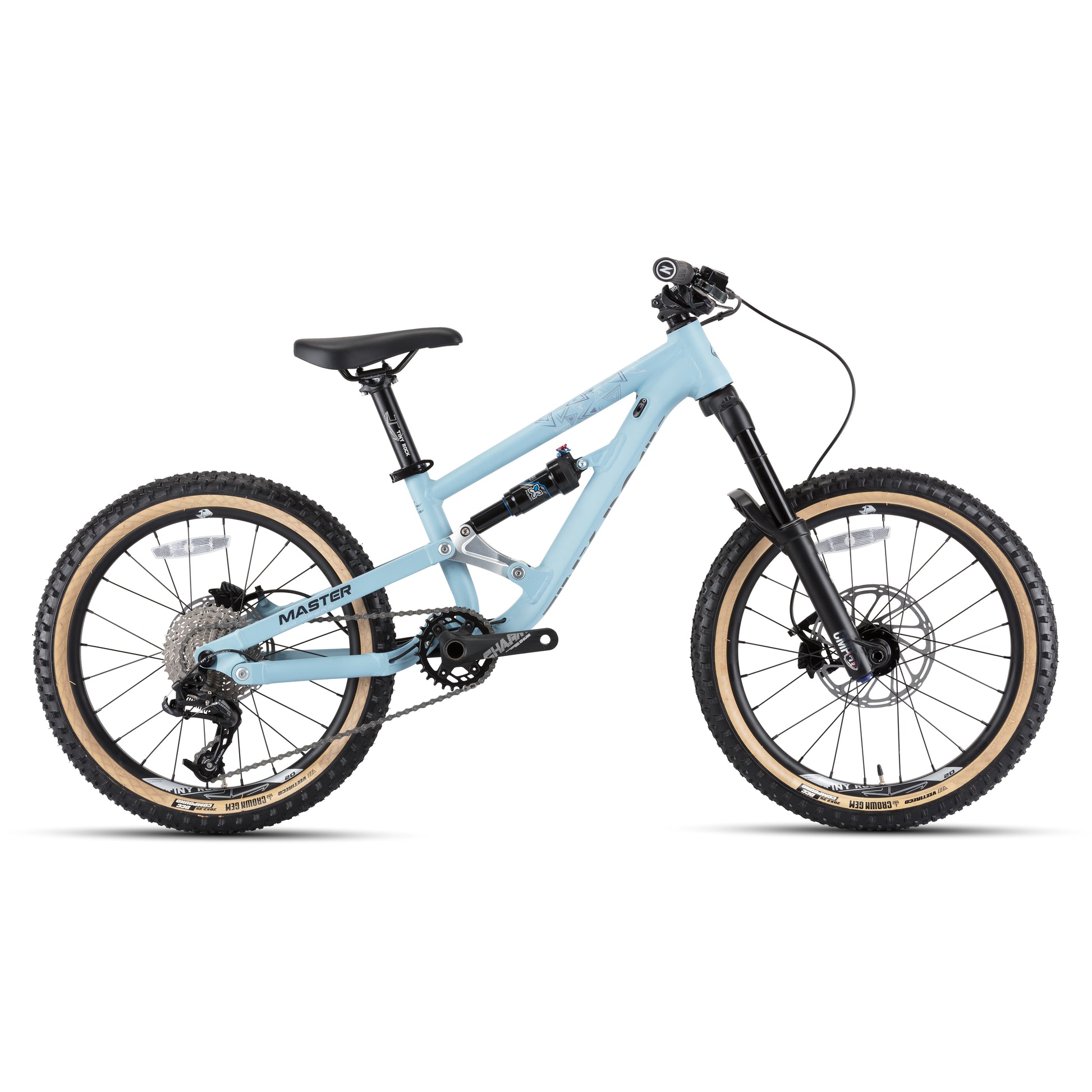 20" Master Enduro Bike in blue with aluminum frame, designed for rugged mountain trails and optimal performance.