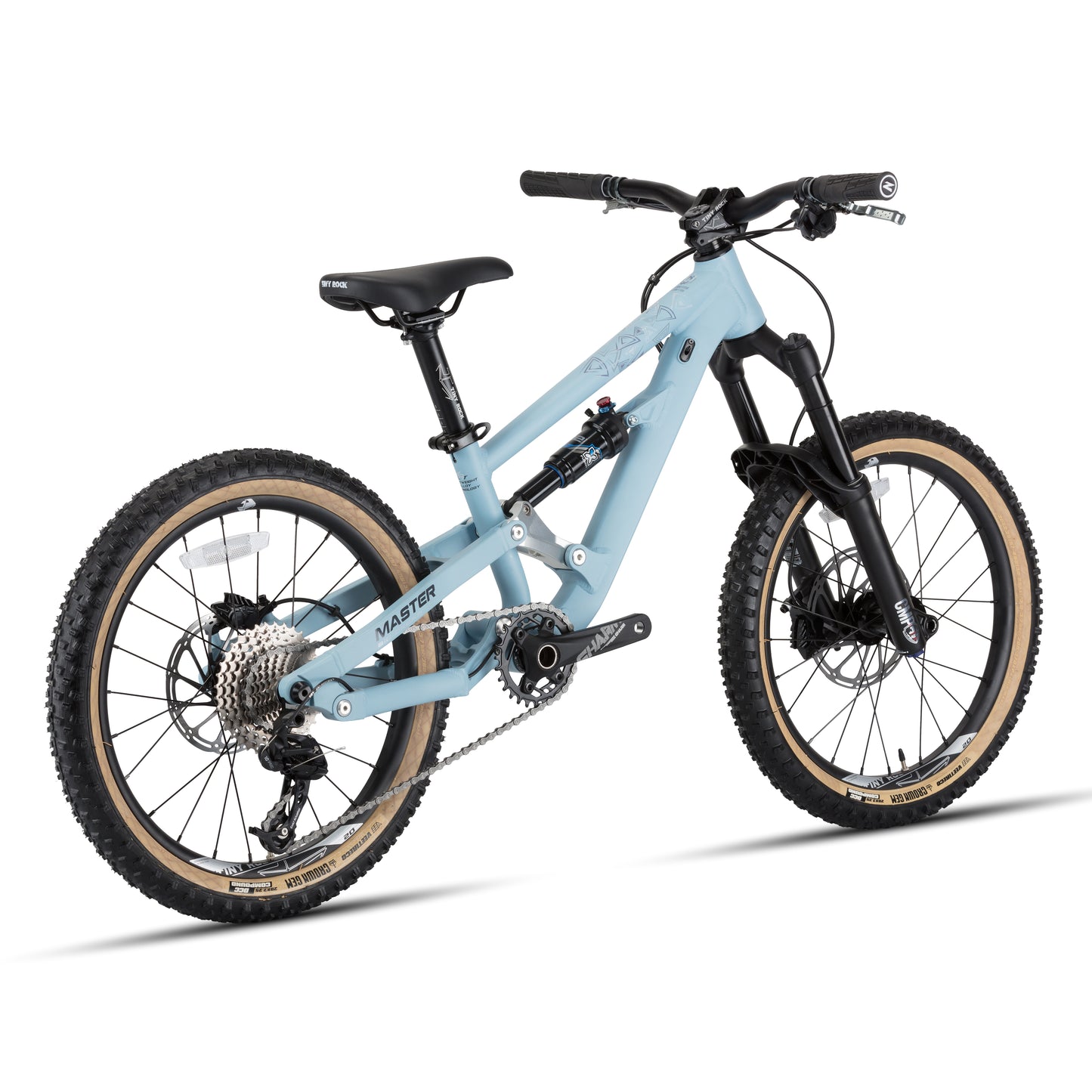 20" Master Enduro Bike in light blue with disc brakes and all-terrain tires, designed for rugged trails.