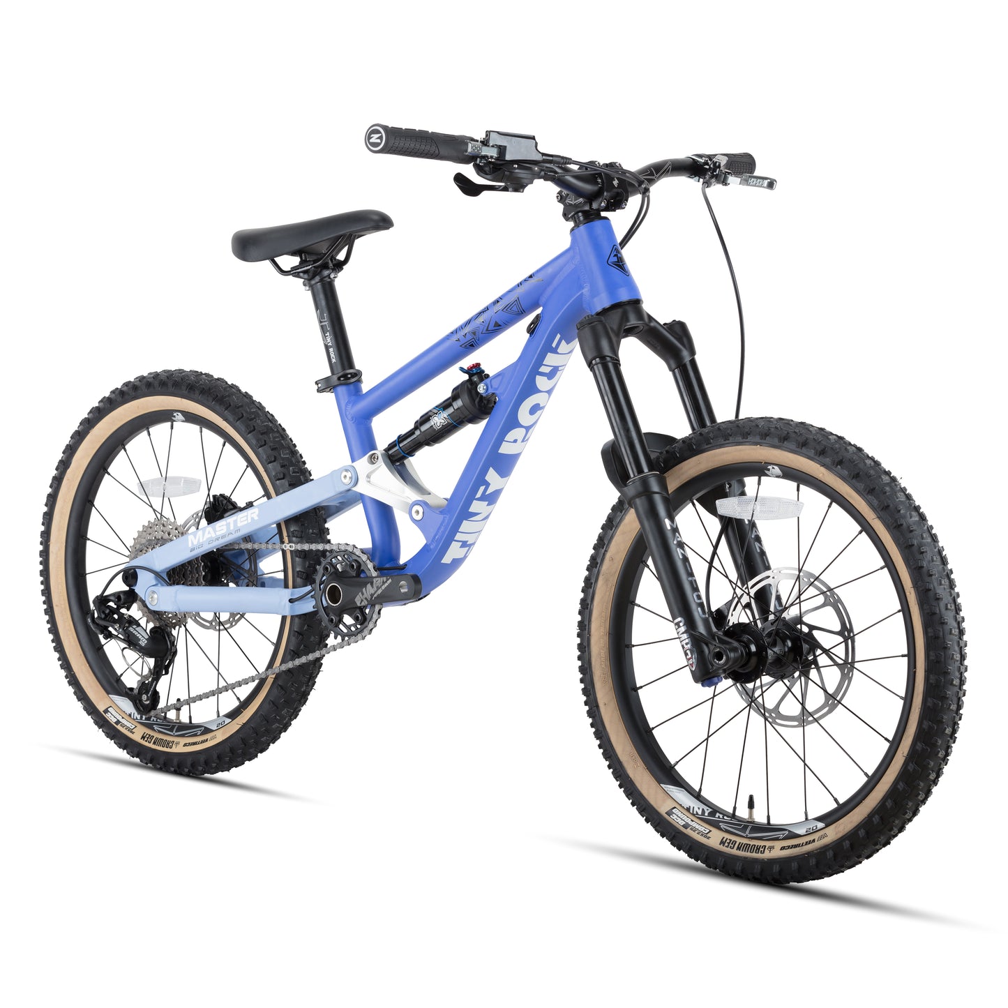 20-inch Master Enduro bike with aluminum frame in blue, designed for challenging mountain trails.