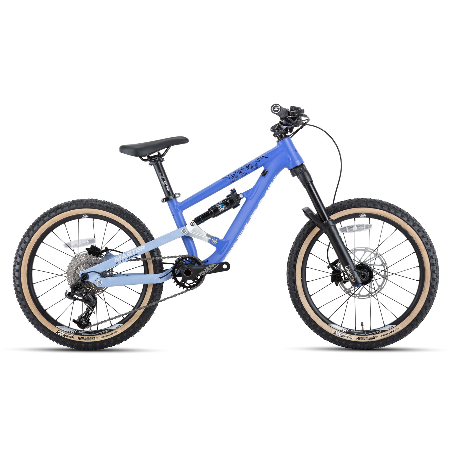 20" Master Enduro Bike with aluminum frame, designed for rugged mountain trails, featuring a blue and black color scheme.