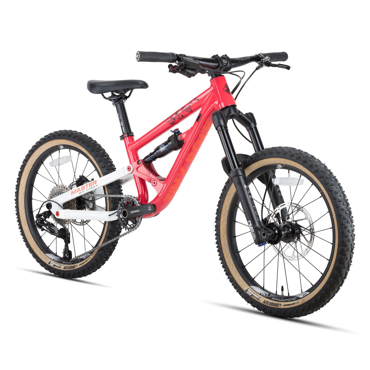 20" Master aluminum frame enduro bike in red and white design, perfect for challenging mountain trails.