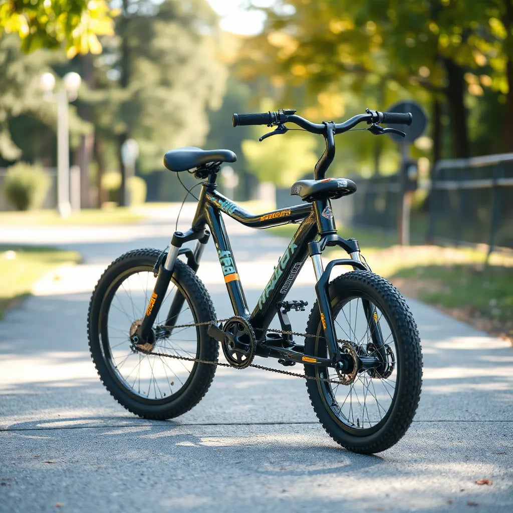 Vollgefedertes Kinderfahrrad mit sichtbarer Vorder- und Hinterfederung am Weg