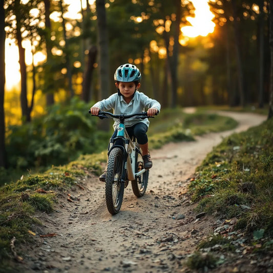 Kind auf einem kleinen Mountainbike auf einem Waldtrail mit Helm und passend eingestelltem Sattel