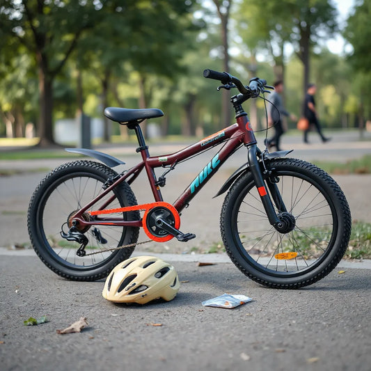 Kinderfahrrad und Schutzausrüstung am Parkweg mit deutlich erkennbaren robusten Komponenten