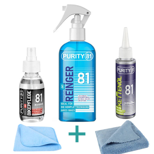 Purity81 cleaning set featuring chain oil, bike cleaner, bike care spray, and microfiber cloths for complete bike maintenance.